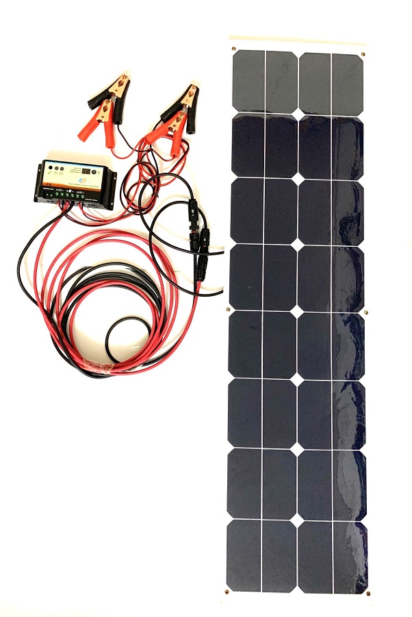 Ηλιακός Φορτιστής Μπαταρίας 50W - 12V - 2,8A (ελαφρώς εύκαμπτος)με Ρυθμιστή Φόρτισης 10Α για 2 Μπαταρίες και Κροκοδειλάκια